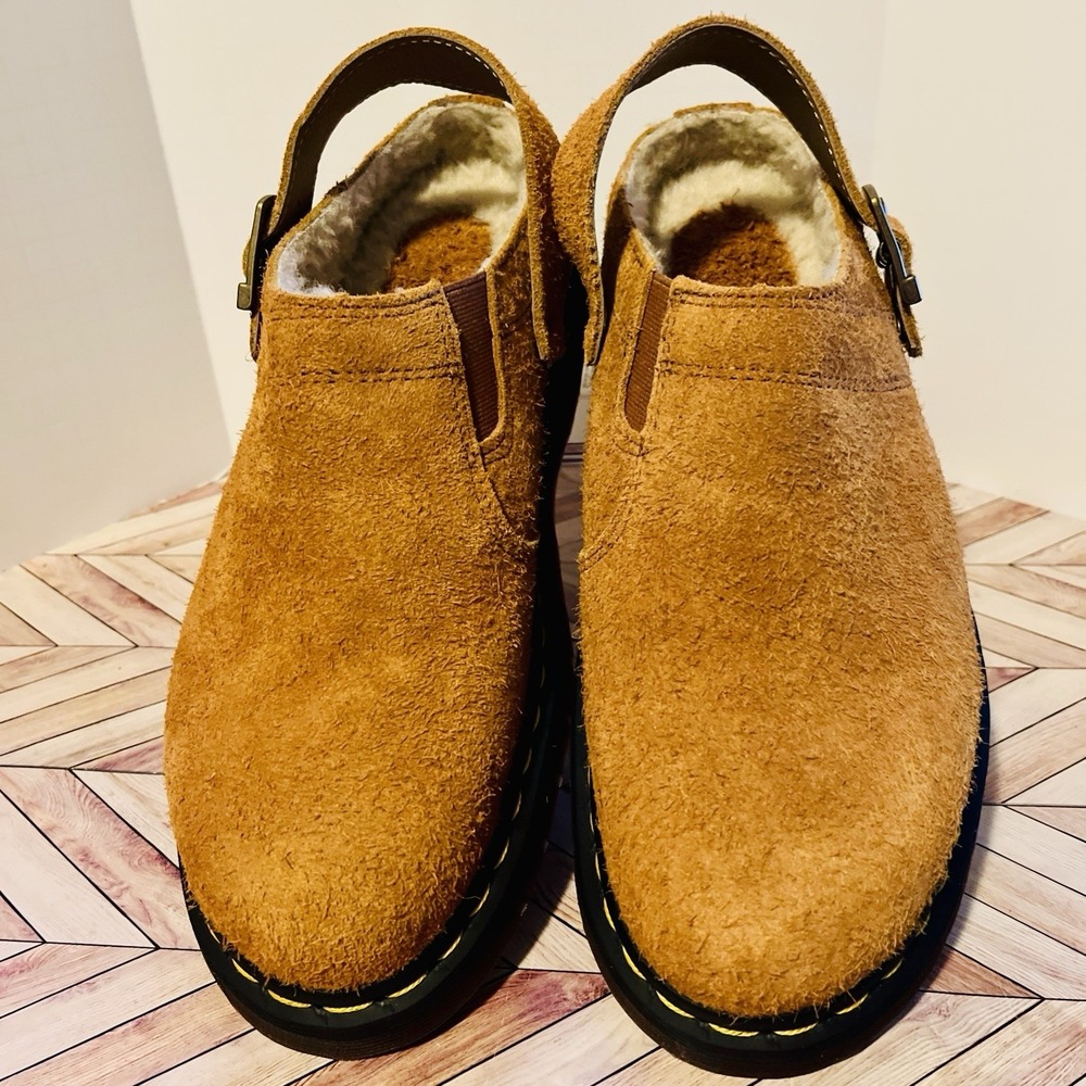 Dr Martens Isham Faux Shearling Suede Slingback Mule M 9 L 10 Pecan Brown Hairy - Picture 3 of 9
